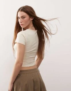 Monki Shrunken Fit Baby Tee With Tennis Cartoon Graphic In Ecru For Women -Monki Shop 207599750 4