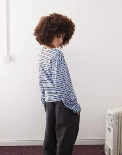 Monki Long Sleeved Top In Blue Stripe For Women 9 Monki Long Sleeved Top In Blue Stripe For Women -Monki Shop 207599887 3