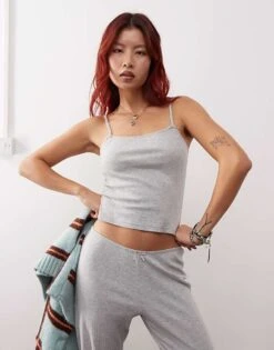 Monki Mix And Match Pointelle Lace Mini Pyjama With Small Bows In Grey Melange -Monki Shop 207599934 1 greymelange 1