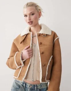 Monki Moni Suede Aviator Jacket With Shearling Trim And Collar In Brown For Women -Monki Shop 207599999 1 brown 1
