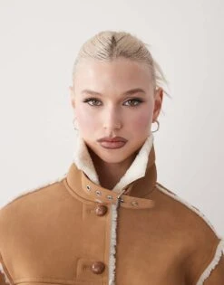 Monki Moni Suede Aviator Jacket With Shearling Trim And Collar In Brown For Women -Monki Shop 207599999 3