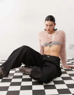 Monki Furry Knitted Bolero In Dusty Pink For Women -Monki Shop 207652868 3