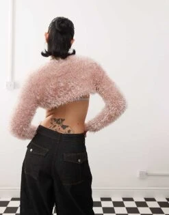 Monki Furry Knitted Bolero In Dusty Pink For Women -Monki Shop 207652868 4