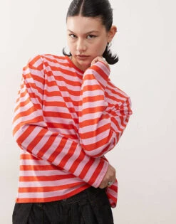 Monki Long Sleeve Top In Pink And Red Stripe For Women