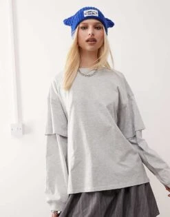 Monki Oversized Layered Effect Long Sleeve Top In Grey Melange For Women