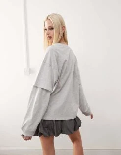 Monki Oversized Layered Effect Long Sleeve Top In Grey Melange For Women -Monki Shop 207697043 4