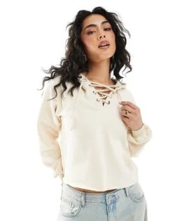 Monki Cropped Hoodie With Lacing Detail In Off White For Women -Monki Shop 207697084 1 offwhite 1