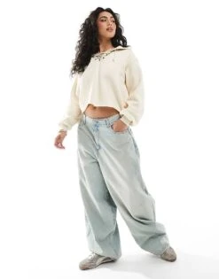 Monki Cropped Hoodie With Lacing Detail In Off White For Women -Monki Shop 207697084 3