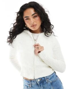 Monki Ribbed Fluffy Knitted Two Way Zip Hooded Cardigan In Off White For Women -Monki Shop 207697086 1 offwhite 1