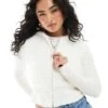 Monki Ribbed Fluffy Knitted Two Way Zip Hooded Cardigan In Off White For Women -Monki Shop 207697086 1 offwhite