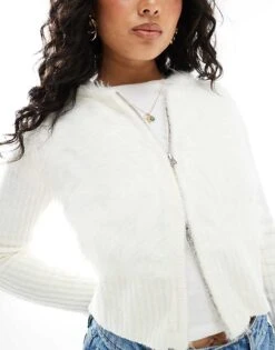 Monki Ribbed Fluffy Knitted Two Way Zip Hooded Cardigan In Off White For Women -Monki Shop 207697086 3
