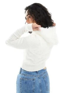 Monki Ribbed Fluffy Knitted Two Way Zip Hooded Cardigan In Off White For Women -Monki Shop 207697086 4