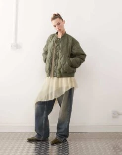 Monki Quilted Reversible Bomber In Khaki With Floral Print Lining For Women