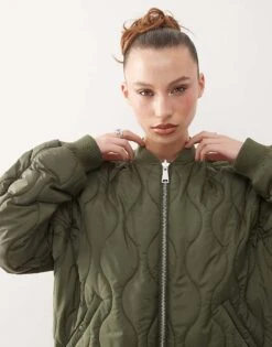 Monki Quilted Reversible Bomber In Khaki With Floral Print Lining For Women -Monki Shop 207697096 3