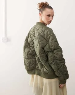 Monki Quilted Reversible Bomber In Khaki With Floral Print Lining For Women -Monki Shop 207697096 4