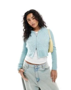 Monki Ribbed Fluffy Knitted Two Way Zip Hooded Cardigan In Light Dusty Blue For Women -Monki Shop 207697114 1 lightdustyblue 1