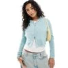Monki Ribbed Fluffy Knitted Two Way Zip Hooded Cardigan In Light Dusty Blue For Women