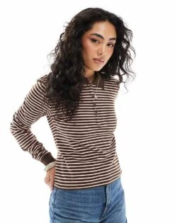 Monki Long Sleeved Pique Polo In Pink And Chocolate Brown Stripe For Women Pink & Red
