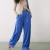 Monki Wide Leg Pull On Track Pant With White Piping In Blue For Women