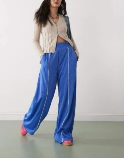 Monki Wide Leg Pull On Track Pant With White Piping In Blue For Women