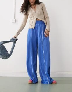 Monki Wide Leg Pull On Track Pant With White Piping In Blue For Women -Monki Shop 207697144 4