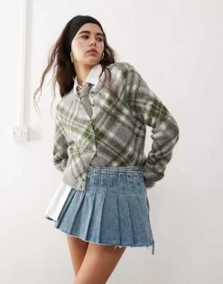 Monki Pleated Denim Mini Wrap Skirt In Mid Blue Wash For Women -Monki Shop 207697165 2