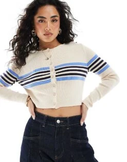 Monki Cropped Cardigan In Beige With Blue Stripe For Women -Monki Shop 207697176 1 bluestripe 1