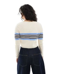 Monki Cropped Cardigan In Beige With Blue Stripe For Women -Monki Shop 207697176 3