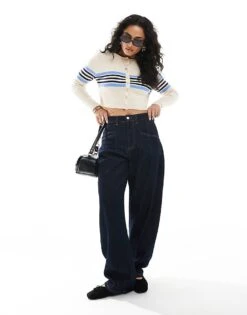 Monki Cropped Cardigan In Beige With Blue Stripe For Women -Monki Shop 207697176 4