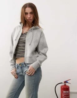 Monki Cropped Zip Up Hoodie In Grey Marl For Women