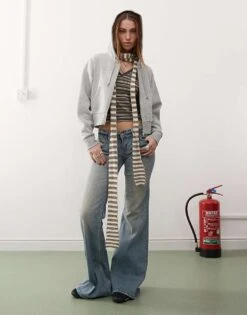 Monki Cropped Zip Up Hoodie In Grey Marl For Women -Monki Shop 207697184 3