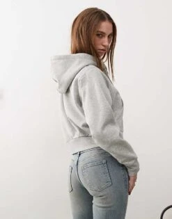Monki Cropped Zip Up Hoodie In Grey Marl For Women -Monki Shop 207697184 4