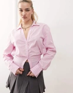 Monki Cut Out Back Shirt In Pink Stripe For Women -Monki Shop 207697202 1 pinkstripe 1