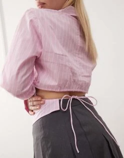 Monki Cut Out Back Shirt In Pink Stripe For Women -Monki Shop 207697202 3