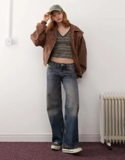 Monki Imoo Low Waist Wide Leg Jeans In Vintage Blue Wash For Women