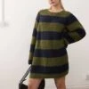 Monki Long Sleeve Crew Neck Mini Knitted Dress In Khaki And Navy Stripe For Women Khaki & Navy Stripe -Monki Shop 207706588 1 khakinavystripe