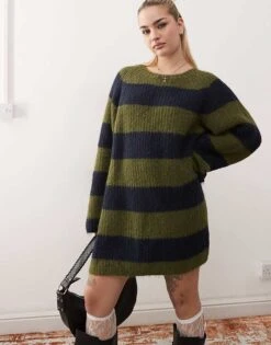 Monki Long Sleeve Crew Neck Mini Knitted Dress In Khaki And Navy Stripe For Women Khaki & Navy Stripe