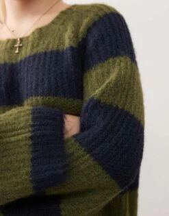 Monki Long Sleeve Crew Neck Mini Knitted Dress In Khaki And Navy Stripe For Women Khaki & Navy Stripe -Monki Shop 207706588 3