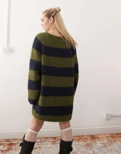 Monki Long Sleeve Crew Neck Mini Knitted Dress In Khaki And Navy Stripe For Women Khaki & Navy Stripe -Monki Shop 207706588 4