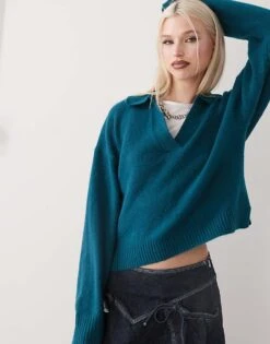 Monki Long Sleeve Collar Polo Knitted Sweater In Teal For Women -Monki Shop 207862032 1 teal 1