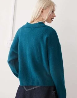 Monki Long Sleeve Collar Polo Knitted Sweater In Teal For Women -Monki Shop 207862032 2