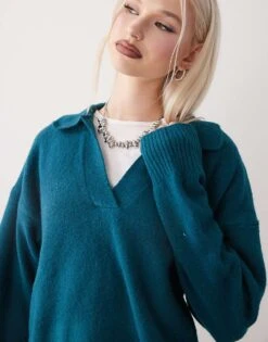 Monki Long Sleeve Collar Polo Knitted Sweater In Teal For Women -Monki Shop 207862032 3