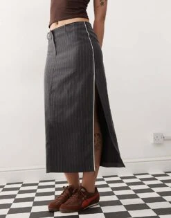 Monki Maxi Skirt With Side Split In Grey Pinstripe For Women Grey