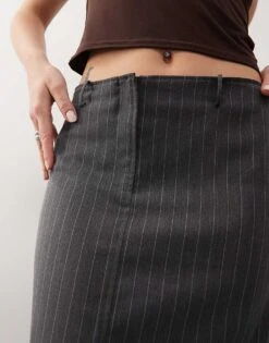 Monki Maxi Skirt With Side Split In Grey Pinstripe For Women Grey -Monki Shop 207919627 3