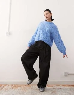 Monki Boxy Cropped Cable Knit Jumper In Blue For Women