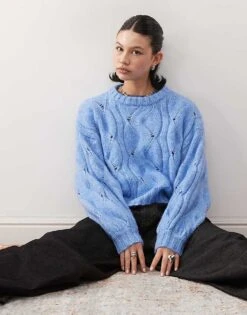 Monki Boxy Cropped Cable Knit Jumper In Blue For Women -Monki Shop 207919655 3