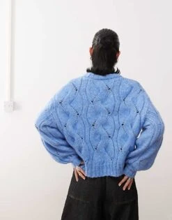 Monki Boxy Cropped Cable Knit Jumper In Blue For Women -Monki Shop 207919655 4