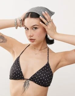 Monki Mix And Match Triangle Tie Up Bikini Top In Black And White Polka Dot For Women Black Polka Dot -Monki Shop 207919702 1 blackpolkadot 1