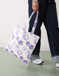 Monki Tote Bag In White With Lilac Floral Print For Women -Monki Shop 207919703 3