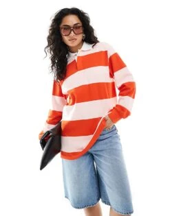 Monki Oversized Long Sleeve Rugby Top In Pink And Red Stripe For Women -Monki Shop 207919712 1 pinkandredstripe 1